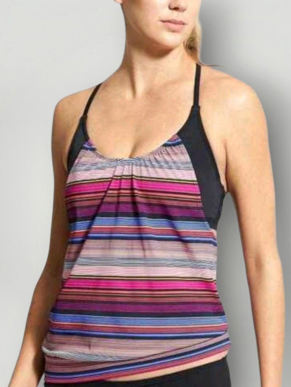 Athleta Tankini Swim Top 36 B/C Striped Blousy Racerback Removable Cups Colorful